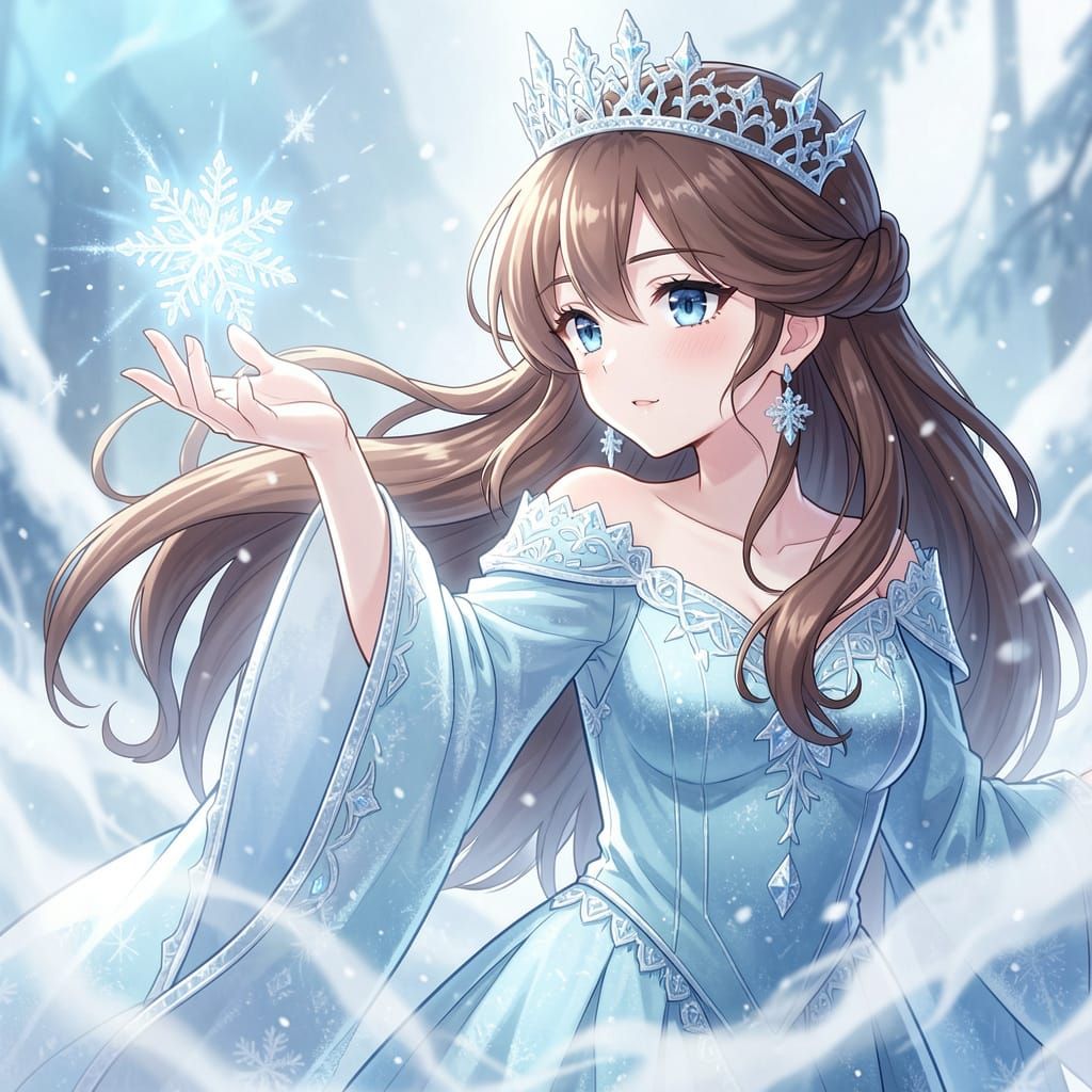 Ice Queen with Brown Hair Throws Snowflake in Anime Style