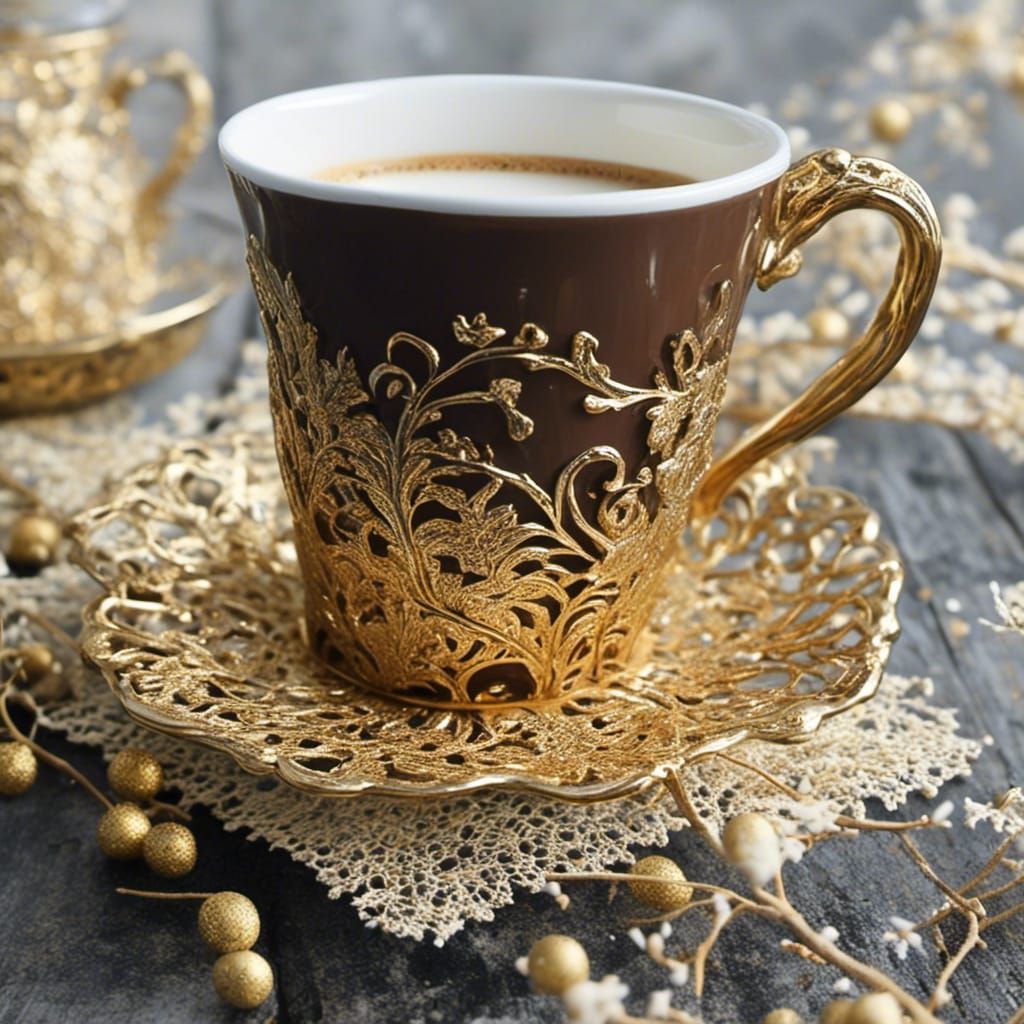 <lora:Realistic Coffee Cup:1.0> tall thin latte cup with thin handle, gold filigree desig on body of cup