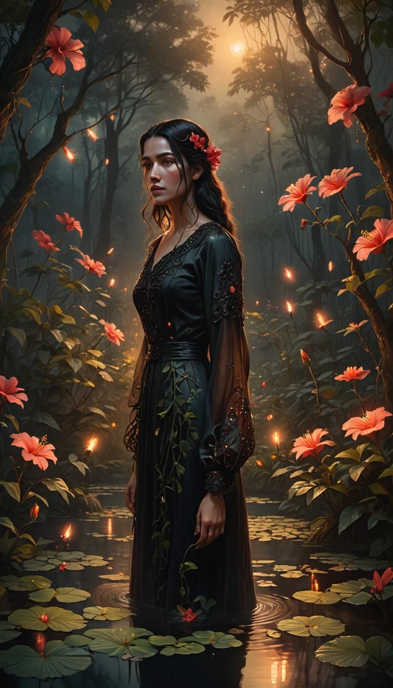 Eerie Hibiscus Pond: A Dark Fantasy Portrait