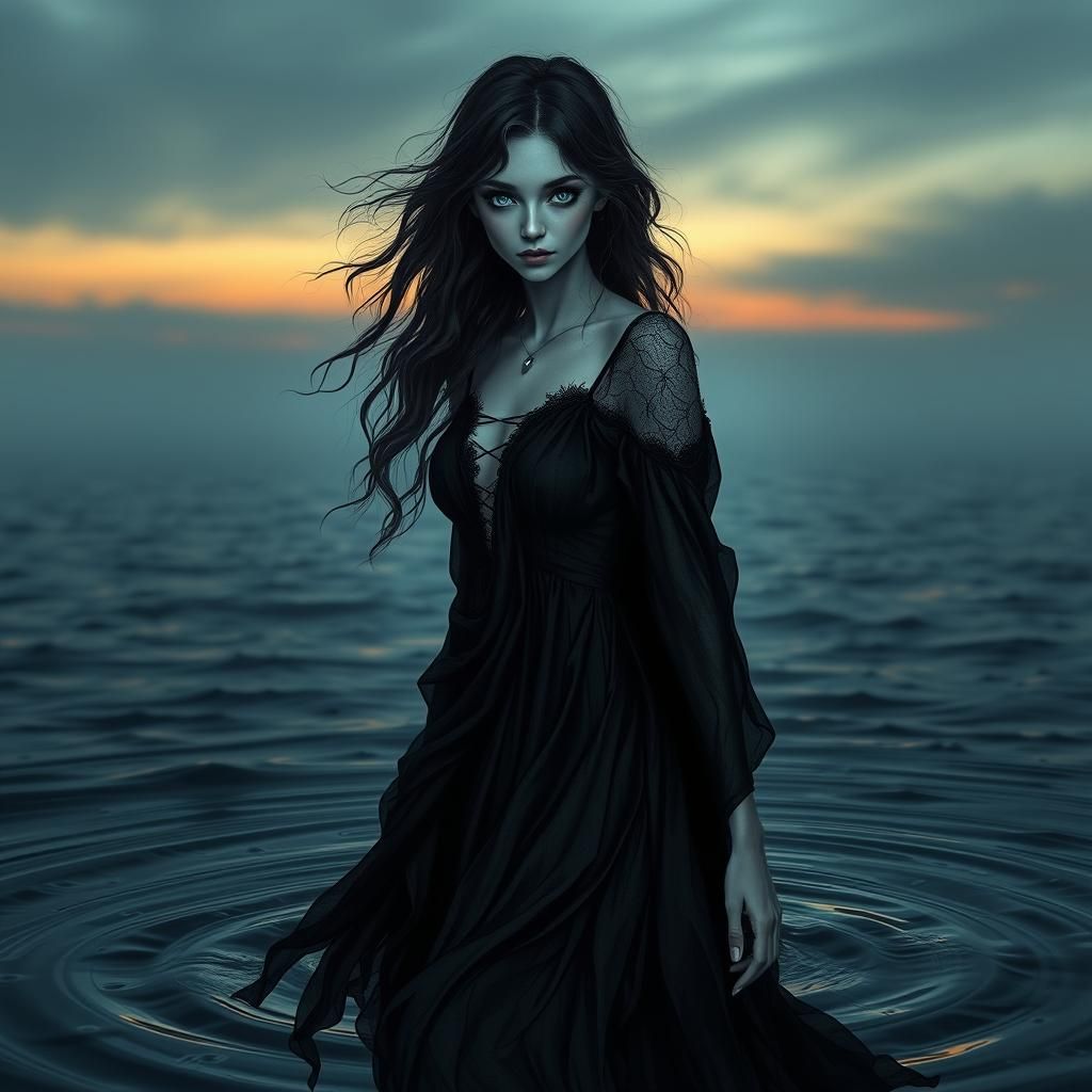 Ethereal Ghostly Figure Floating Above Water