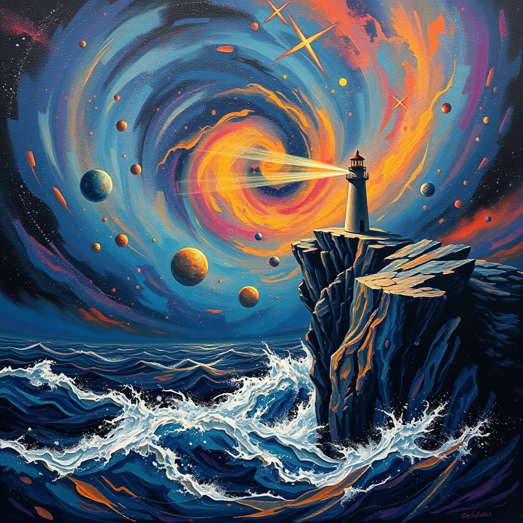 Cosmic Lighthouse Beaming Through Nebula Over Alien Ocean
