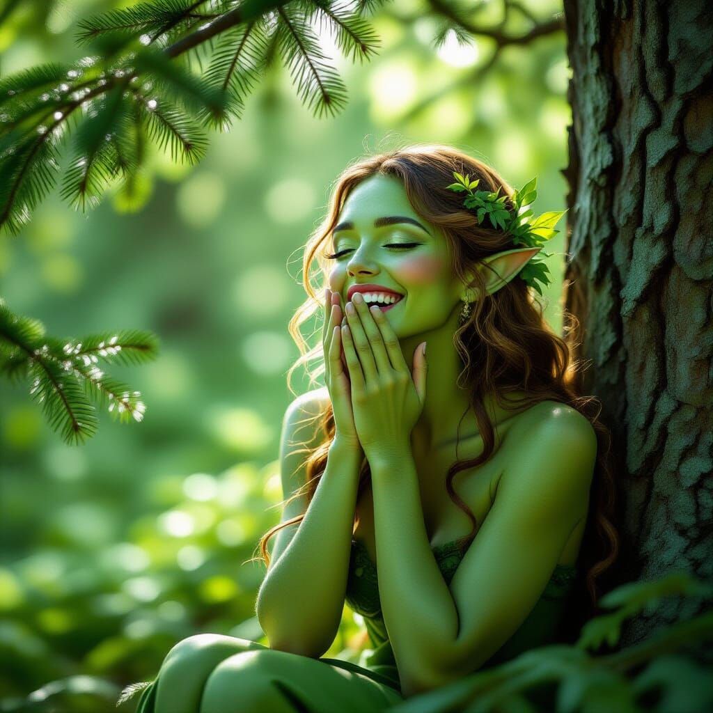 Green Nymph Laughs Beside Spruce Tree in Forest Light