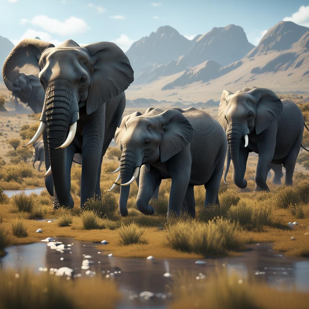 Elephants Traverse African Tundra in 3D Cinematic Style