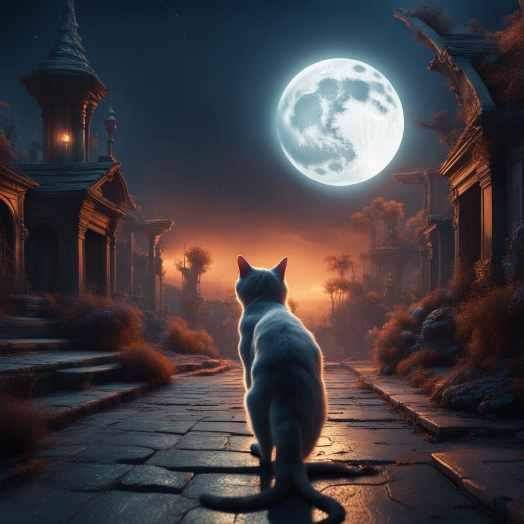 Cat Walking Under Moonlight in Detailed Matte Painting