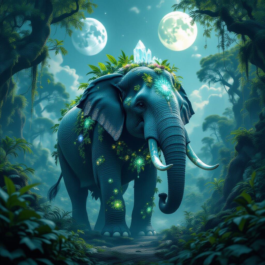Ancient Elephant in Alien Jungle with Bioluminescent Flora