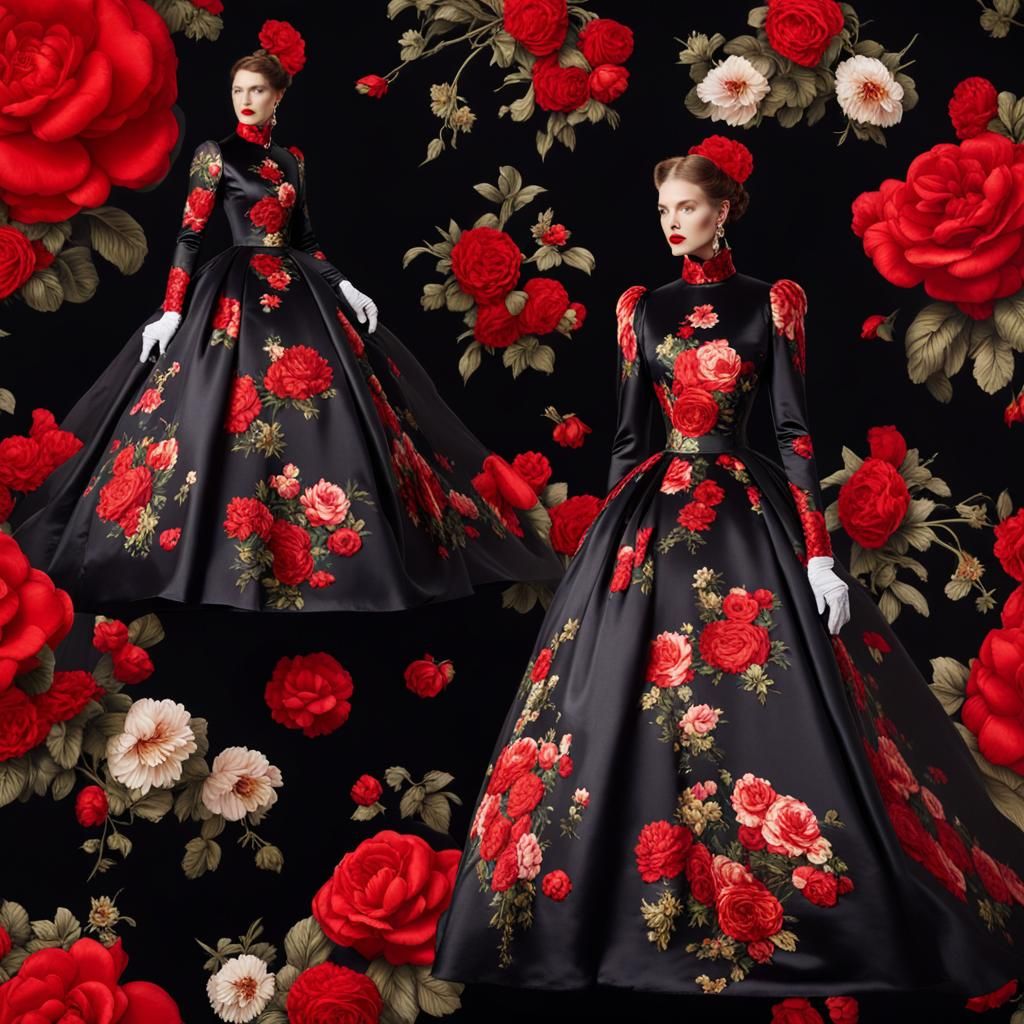 Pompous Queen in Red Floral Satin Gown