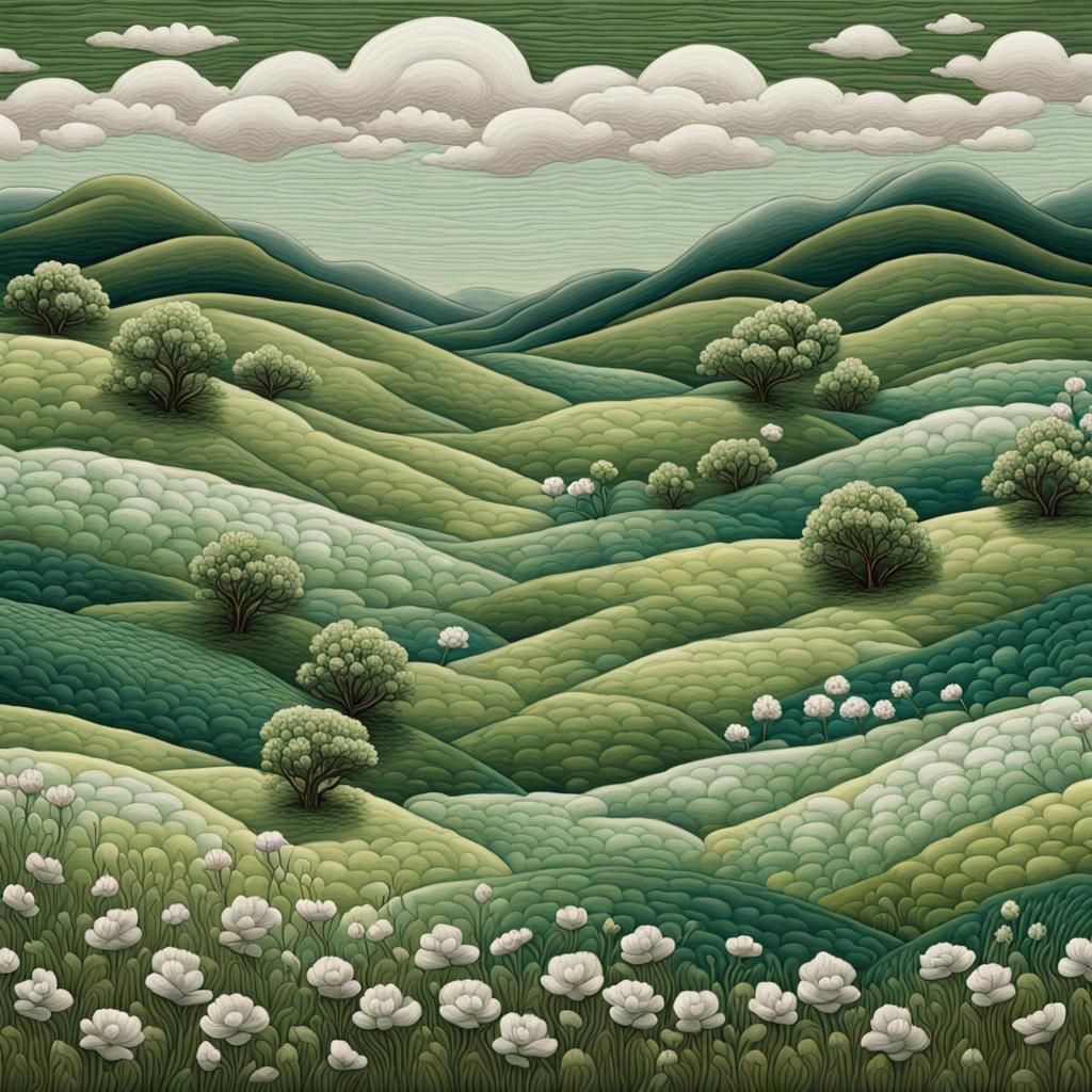Surreal Spring Landscape with Ceramic Textile Aesthetic