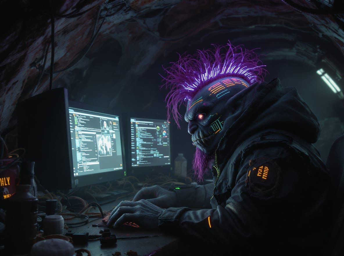 Cyberpunk Troll Hacker in Underground Lair