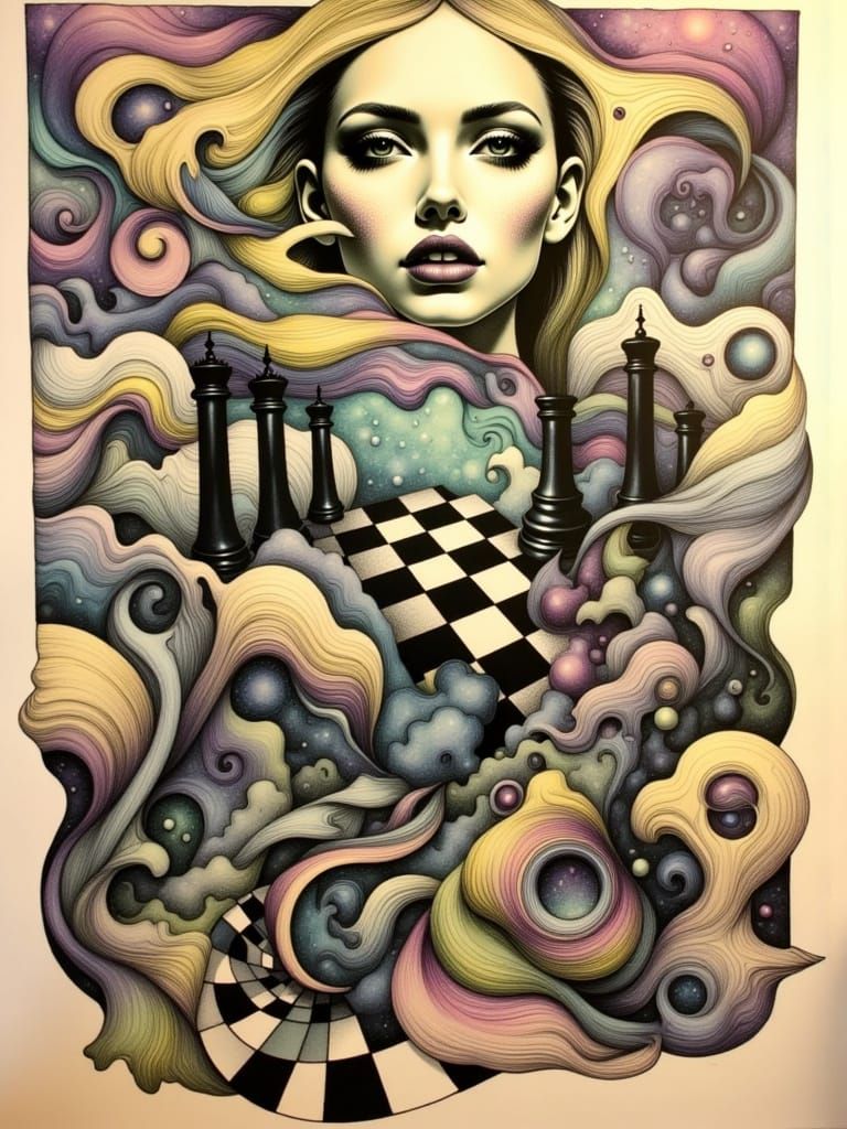 Optical Illusion: Woman on Twisted Chessboard