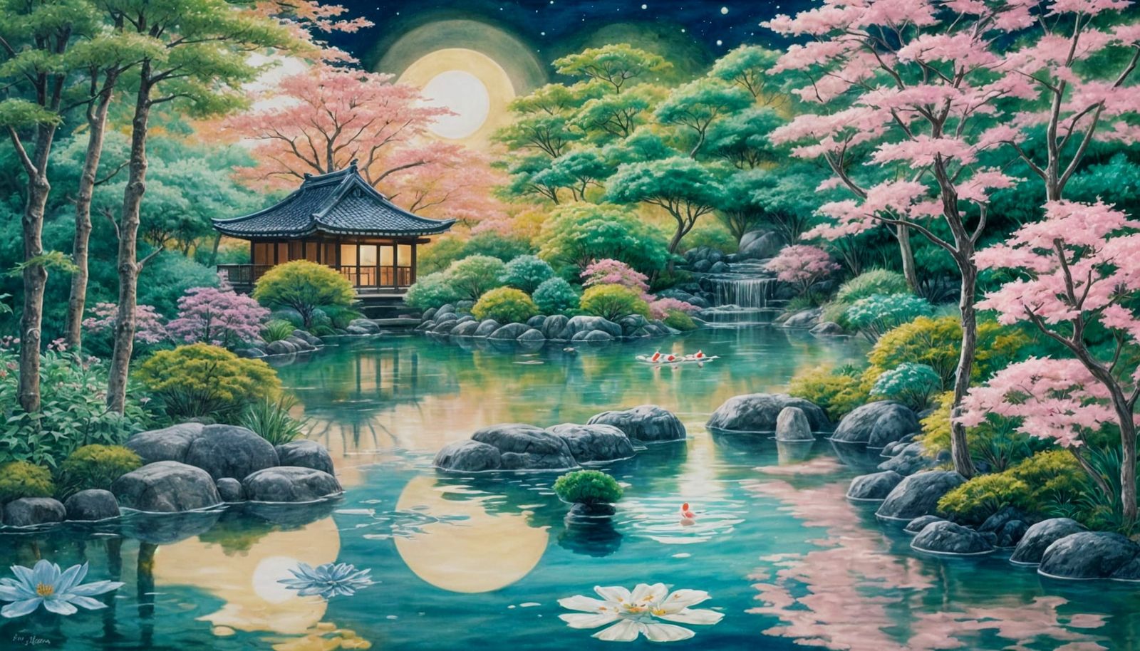Moonlit Zen Garden with Koi Pond in Pastel Colors