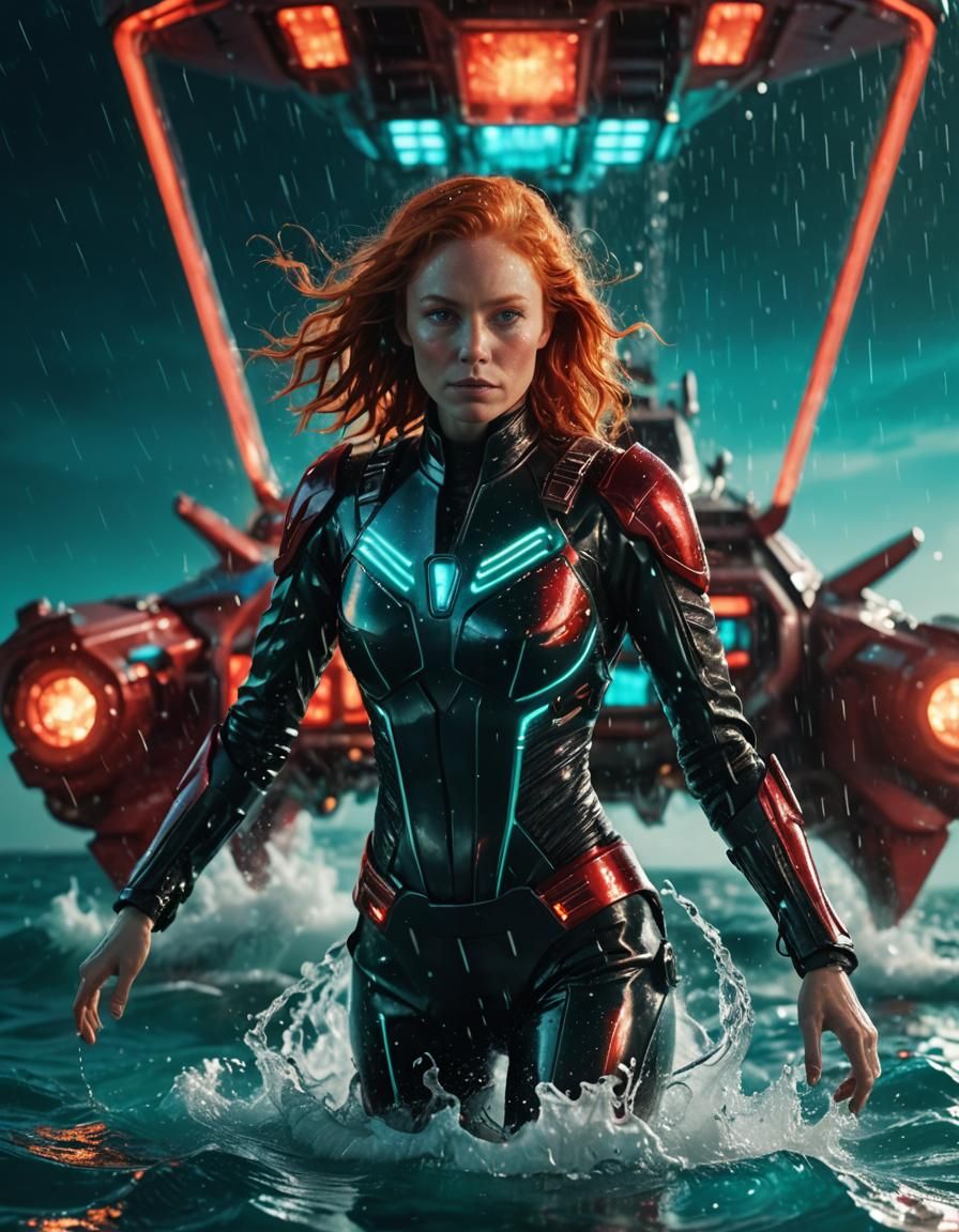Ginger Woman in Futuristic Suit on Alien Ship