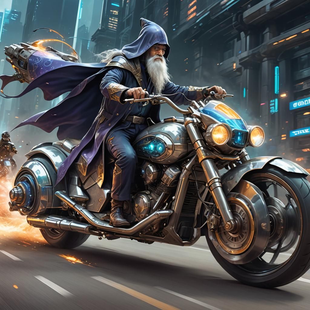 A wizard riding a futuristic motorcycle.