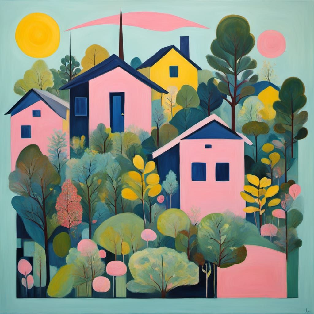 Abstract Surrealism Painting of a Woodland House