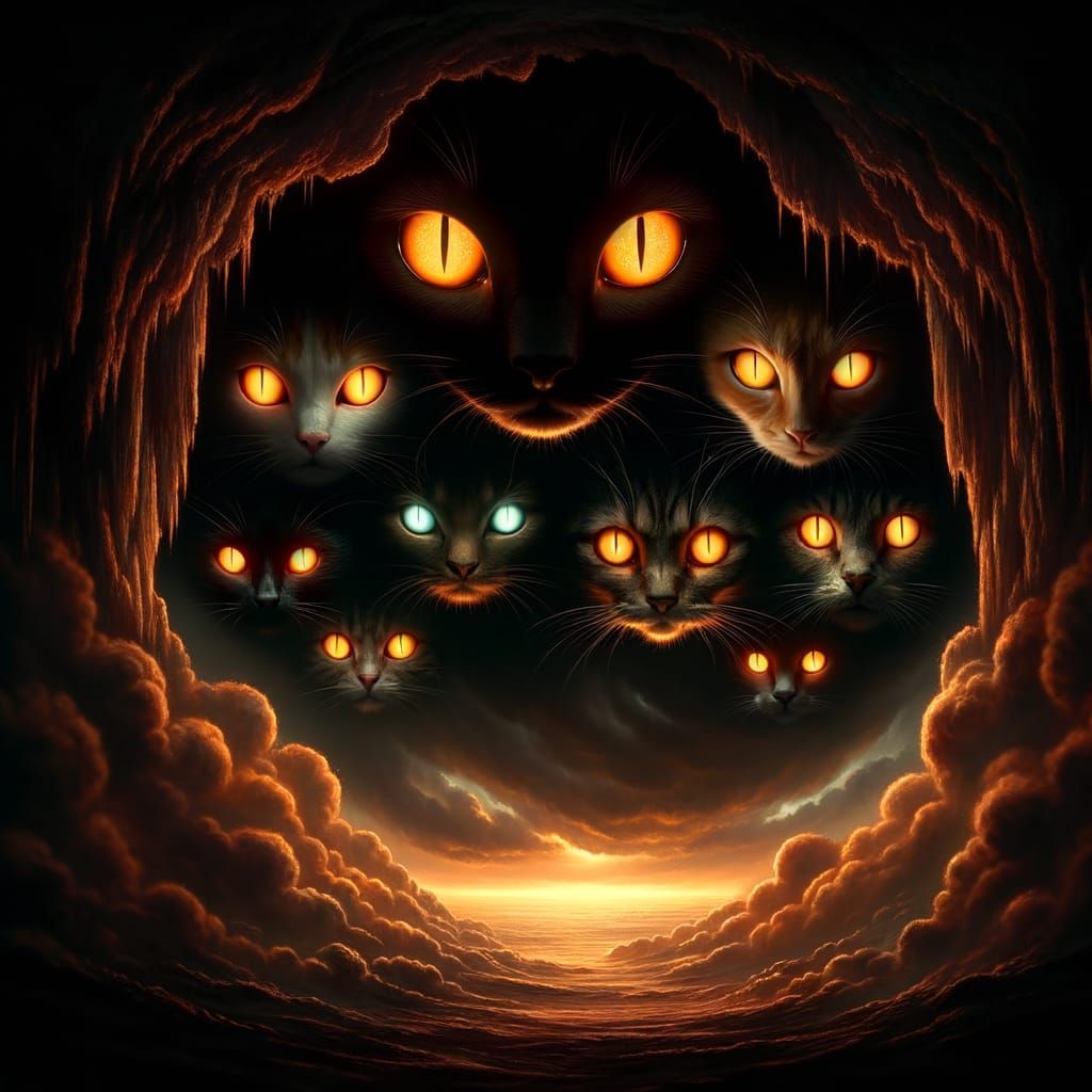 Glowing-Eyed Cats in a Stormy Sky Digital Art