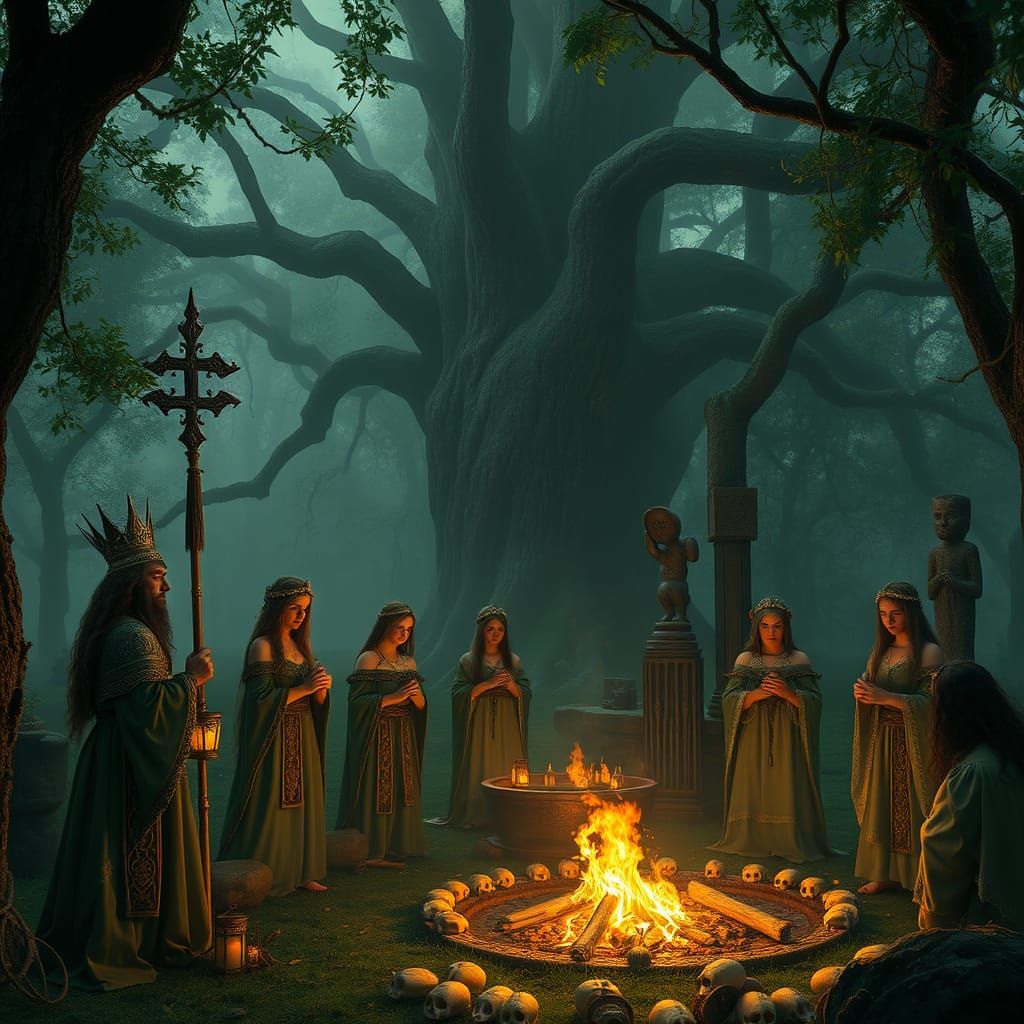 Baltic Mythology Ritual Scene in Ancient Oak Grove