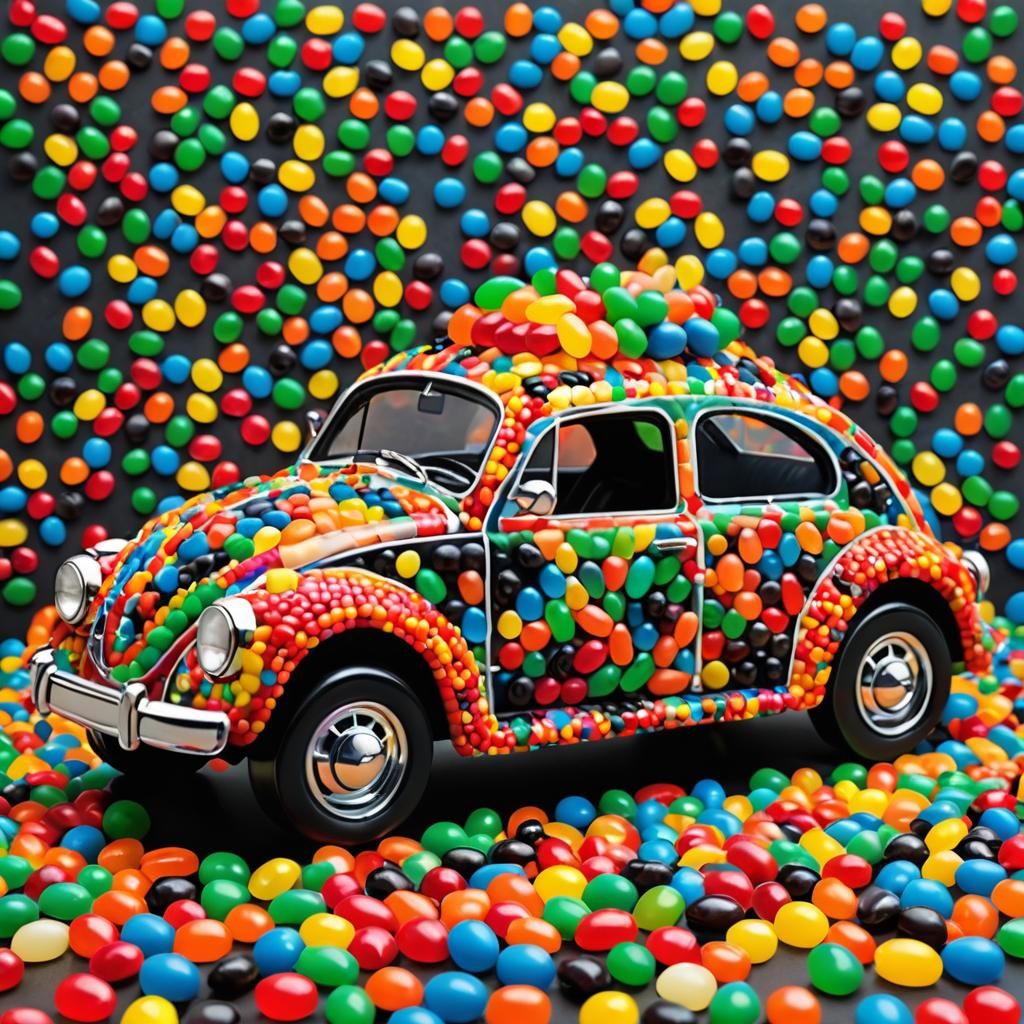 Whimsical Candy Beatle-Car Made of Gummy Bears