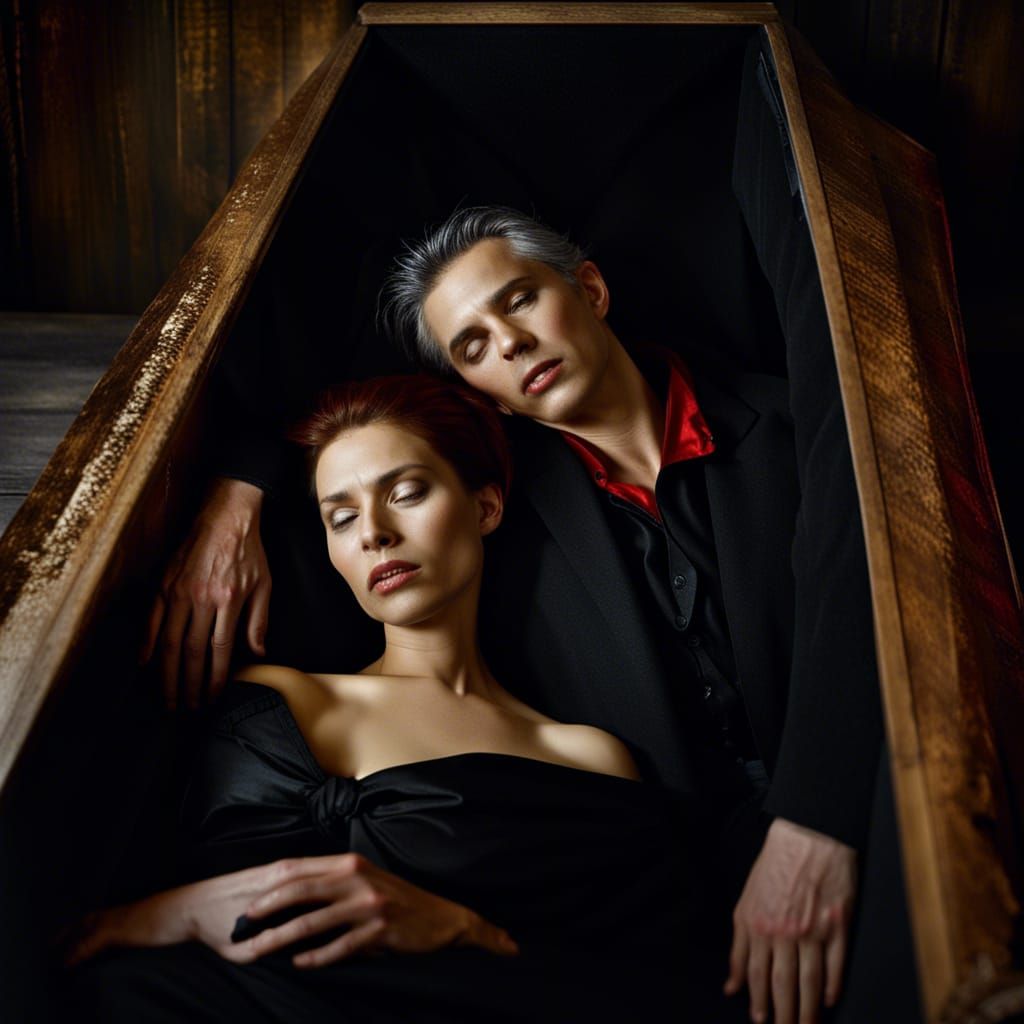 Vampire Portrait in Coffin, Realistic Style
