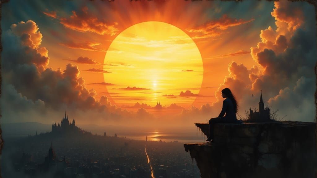 Watcher on Cliff Gazes at City at Sunset, Neo-Gothic Style