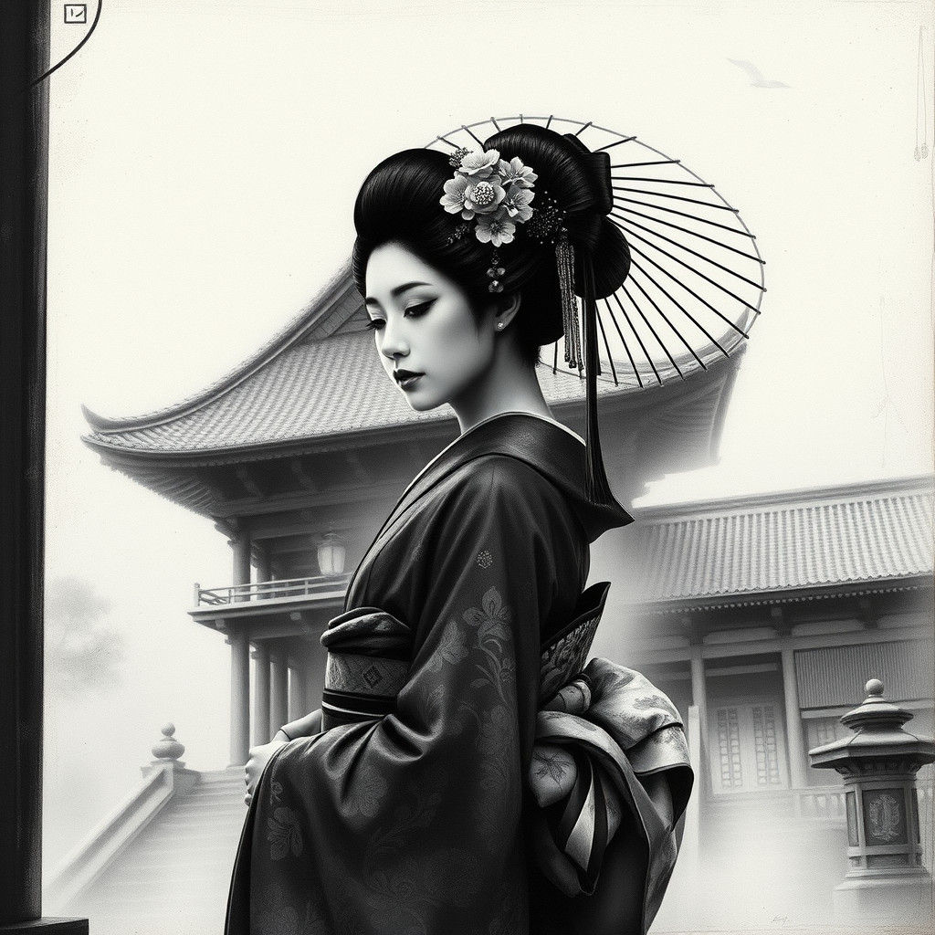 Geisha in Misty Temple, Hyperdetailed Charcoal Drawing