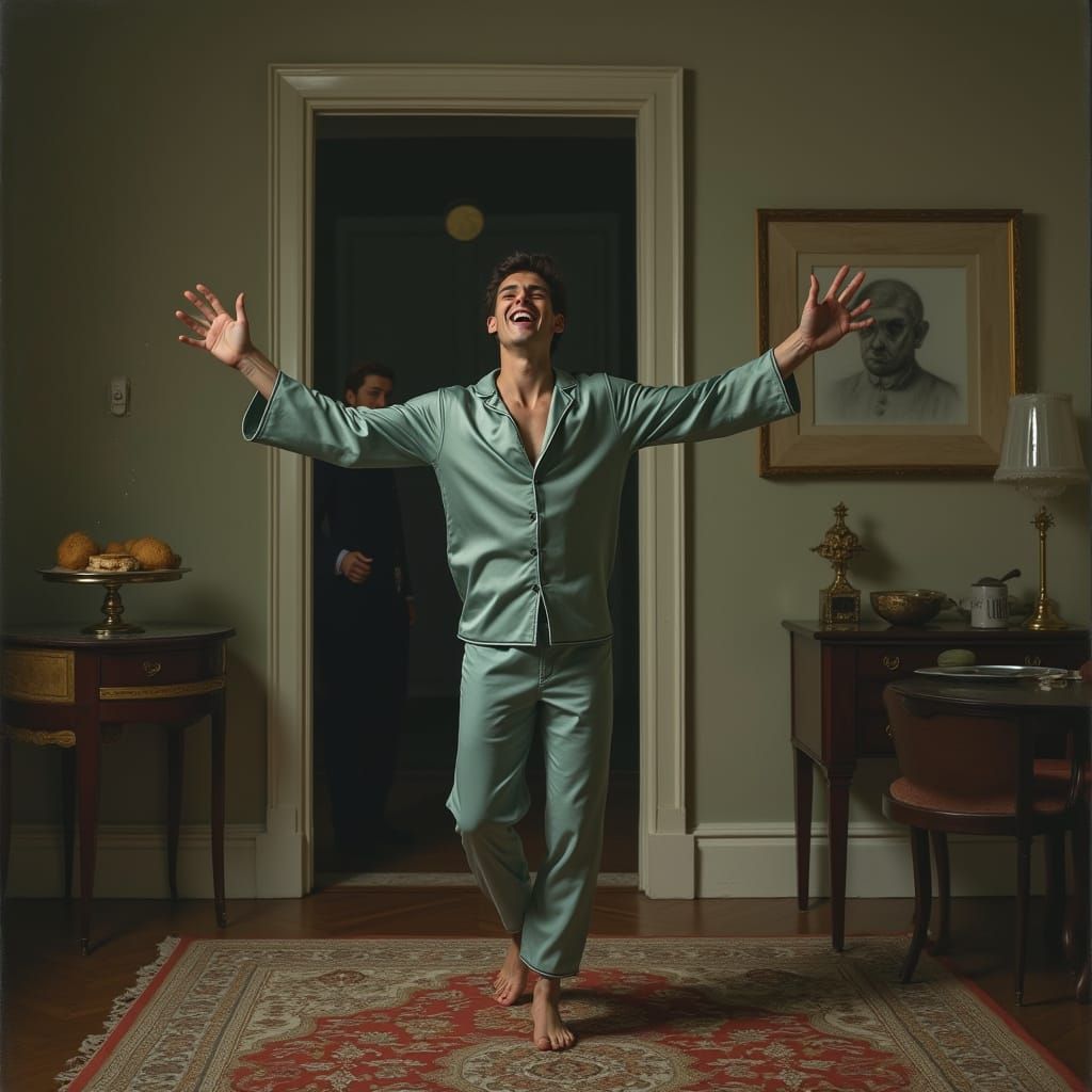 Lord's Ecstatic Pirouette in Moonlit Manor, Photorealistic