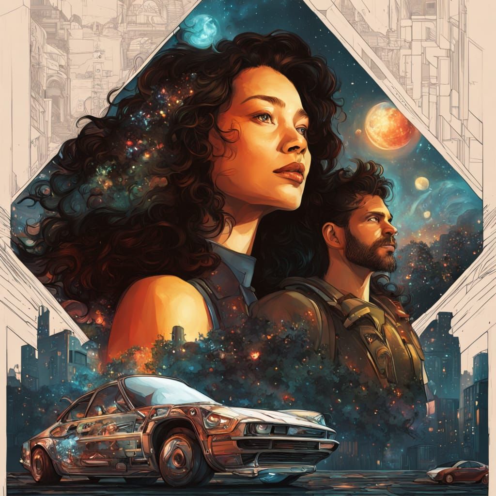 Kissing Couple in Sci-Fi Cityscape, Digital Art