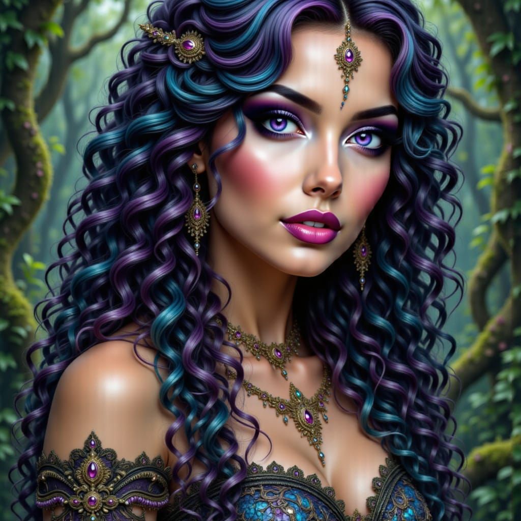 Glamorous Sorceress Before Ancient Altar in Mystical Forest