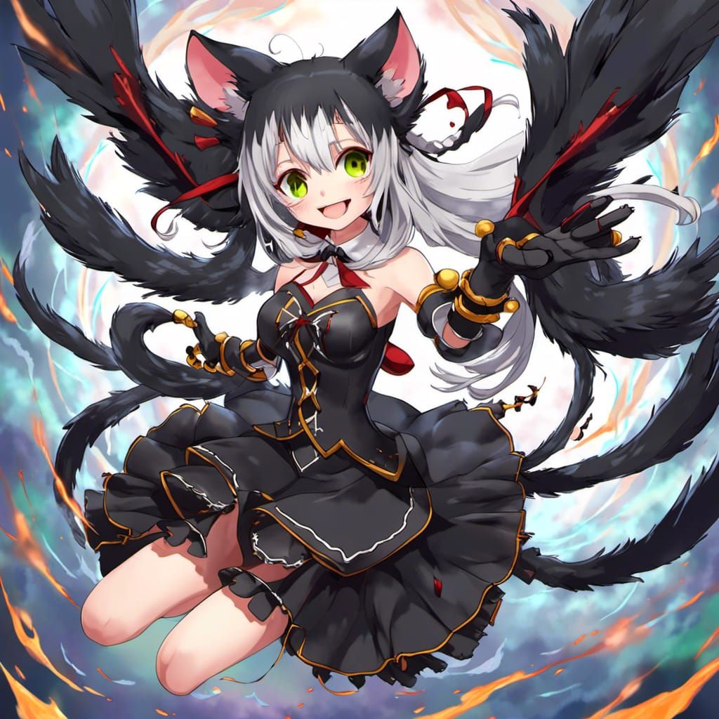 Anime Style Black Cat with Two Tails