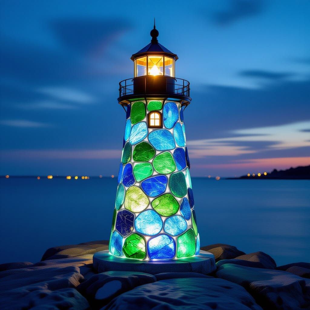 Glowing Emerald and Cobalt Sea Glass Lighthouse