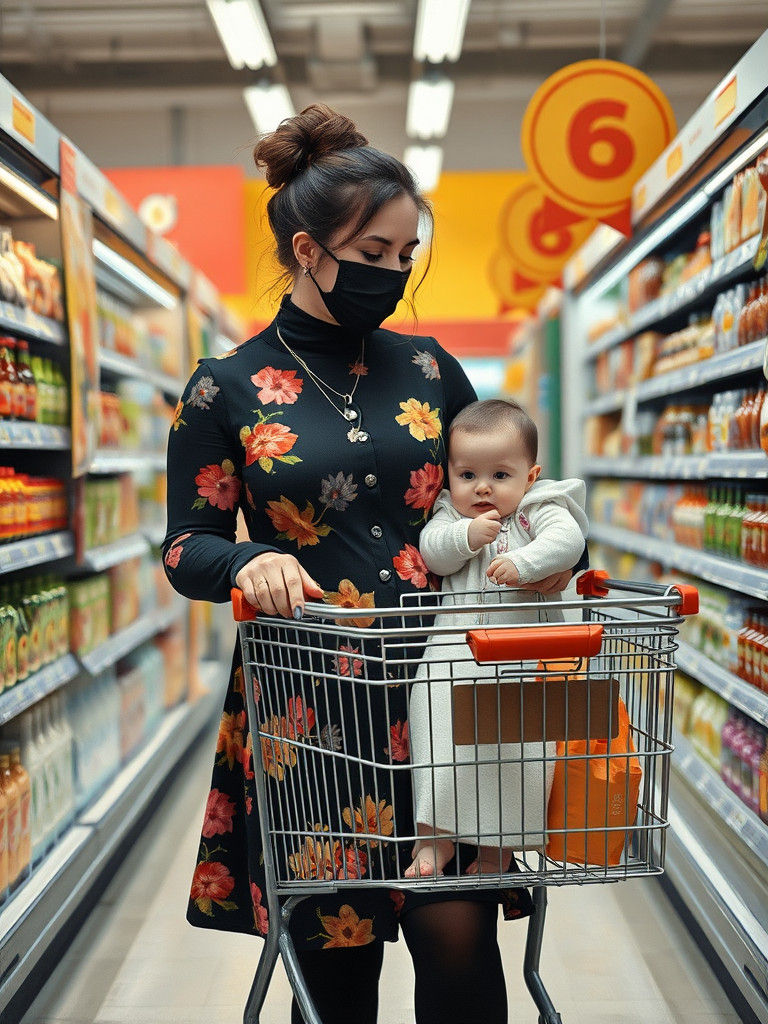 Shopping Mother and Children, Oil Gouache Painting