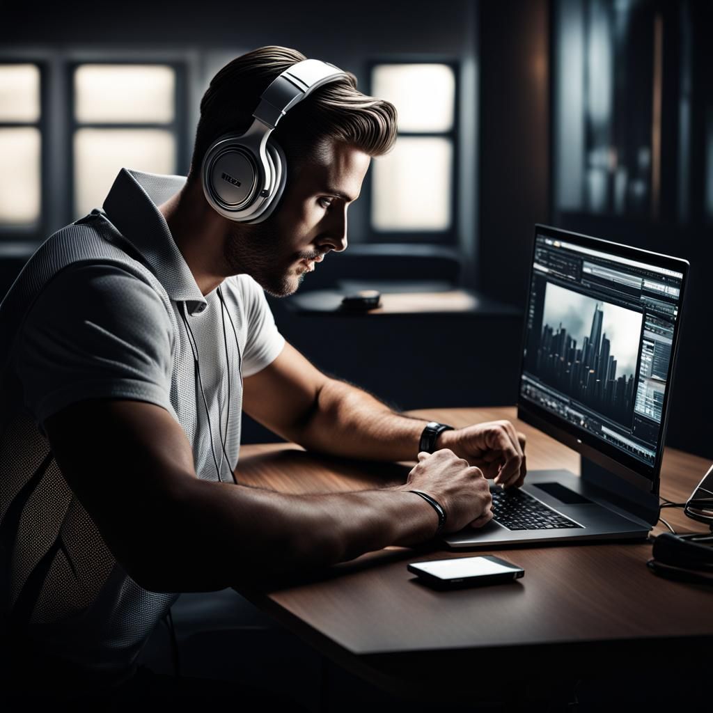 Hyperrealistic Man at Desk with Laptop and Headphones