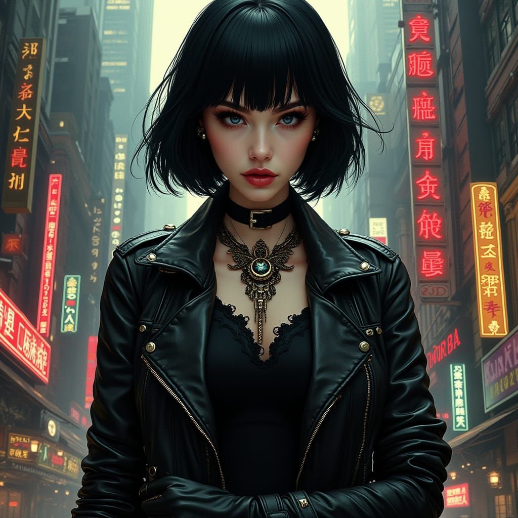 Gothic Woman in Cyberpunk Metropolis, Splash Art