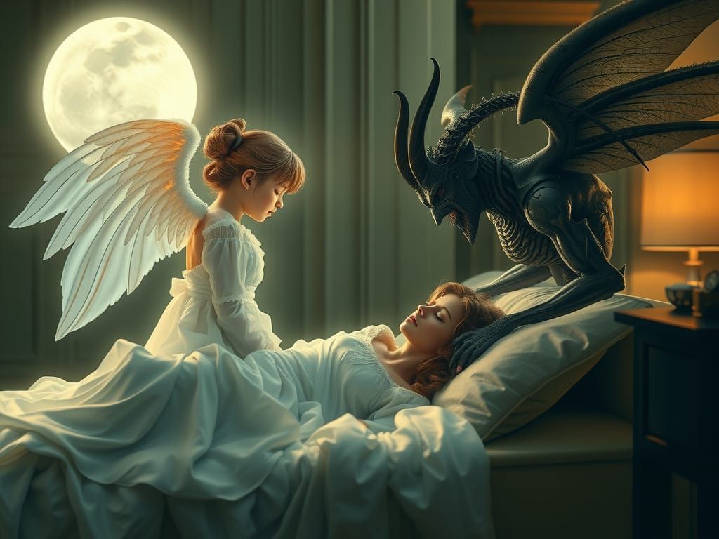 Surreal Double Exposure of Angel and Demon Watching Sleeping...