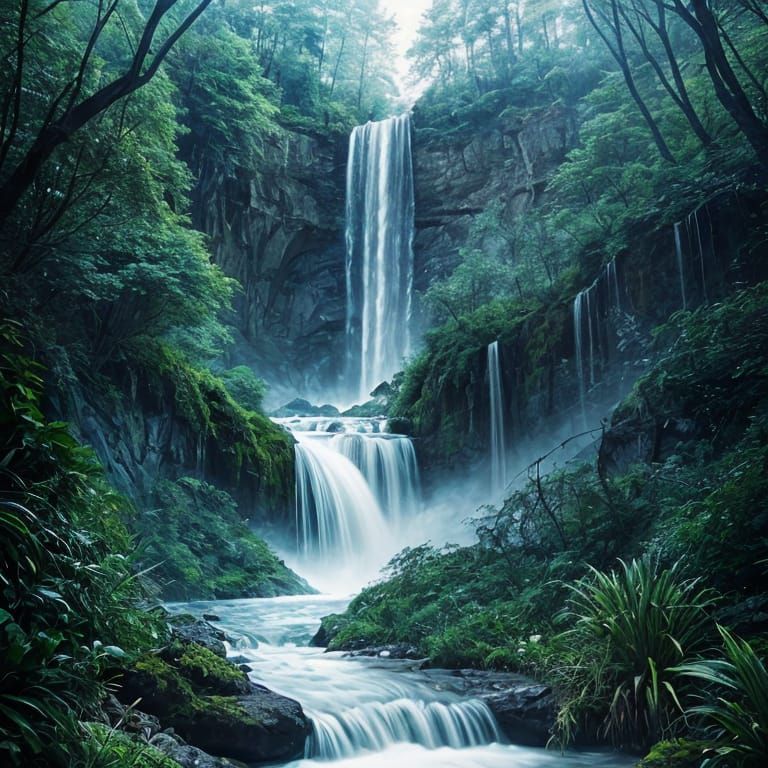 Double Exposure Waterfall Scenery in Silhouette