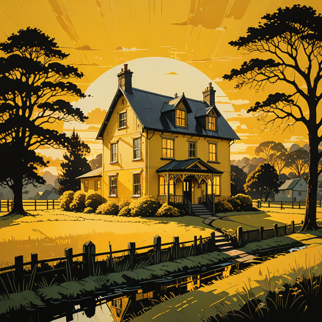 Image of the amazing and fantastical golden hour yellow on yellow double exposure abstract art of a close up Victorian c...