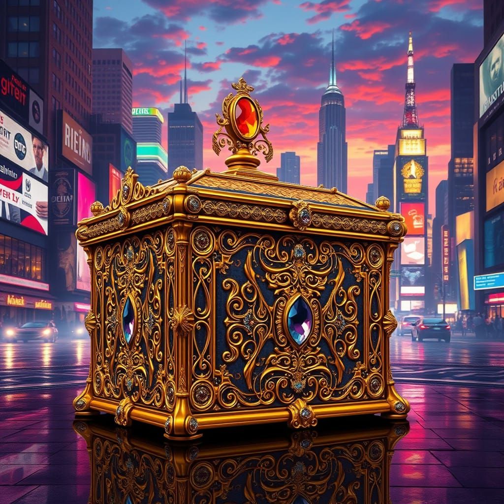 Golden Ballot Box in Futuristic Cityscape