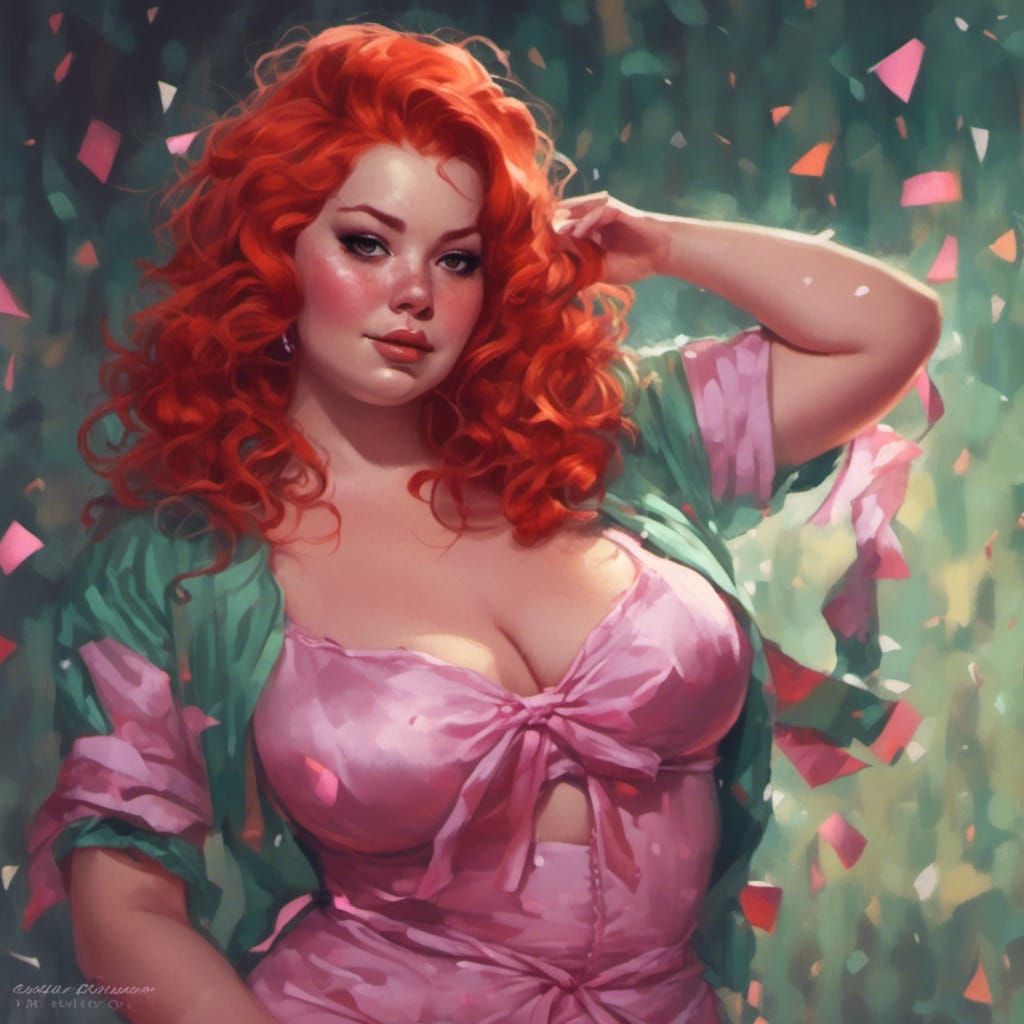 Curvy Redhead in Underwear, Hyperrealistic Pin-up Illustrati...