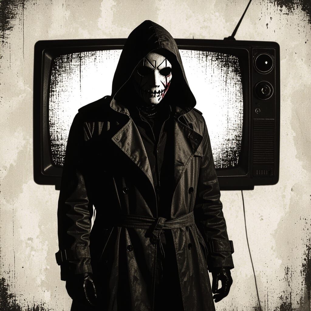 Grotesque Figure Silhouetted Against Flickering TV Screen