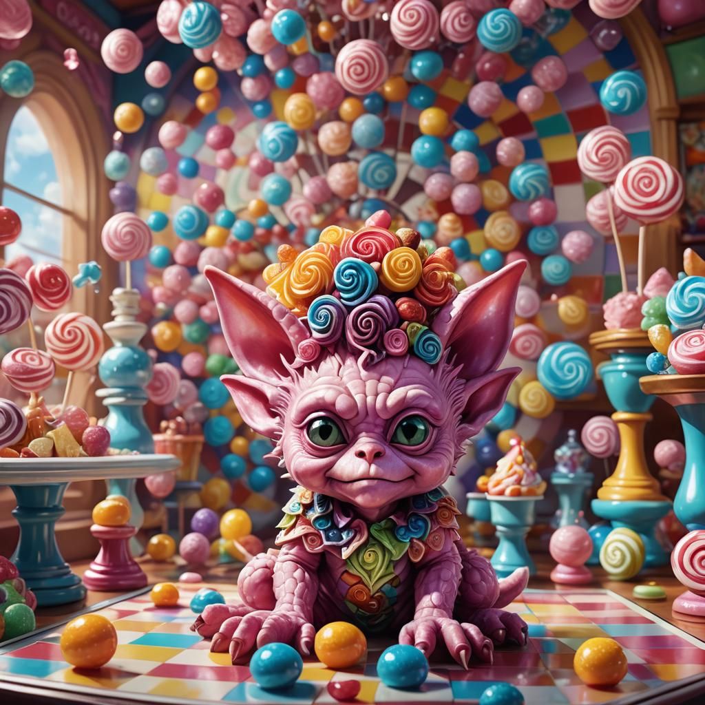 Adorable Gremlin Plays Chess in Candy Art Style