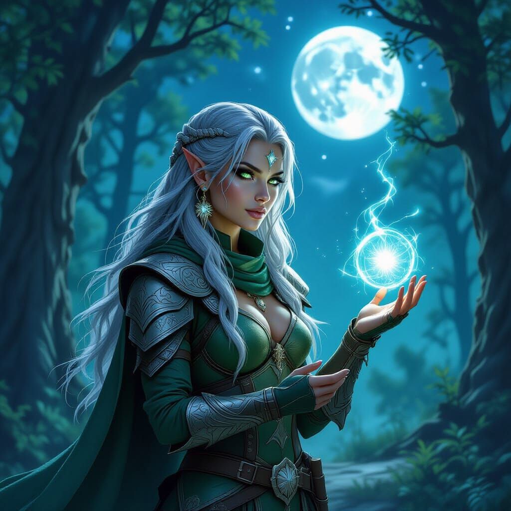 Dragonborn Druid in Moonlit Forest Clearing