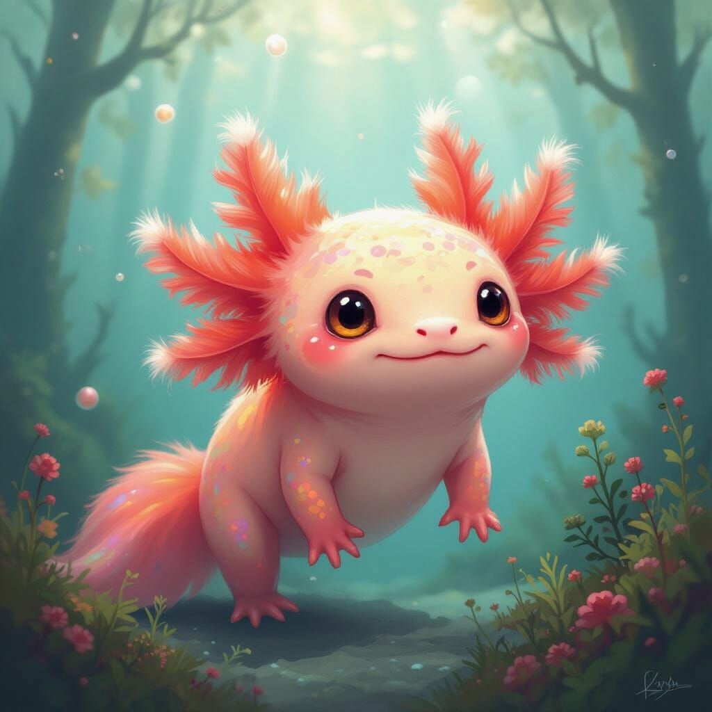 Axolotl-Fox Hybrid in Underwater Forest, Surreal Digital Art