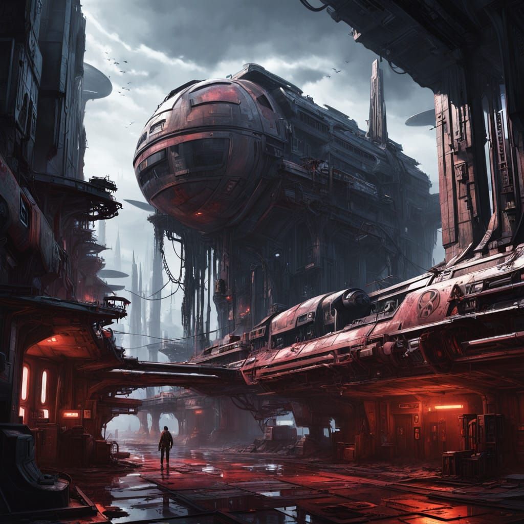 Cyberpunk Dystopian Cityscape with Ancient Stone Pedestal