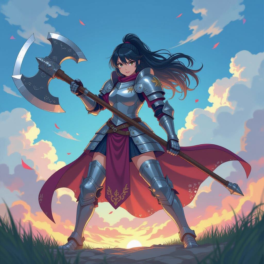 Heroic Knight Girl with Axe in Anime Manga Style