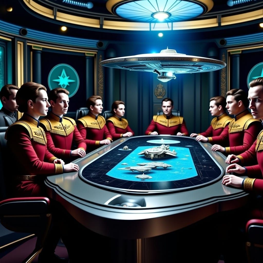 Starfleet Officers Gather Around Holographic Starship Displa...