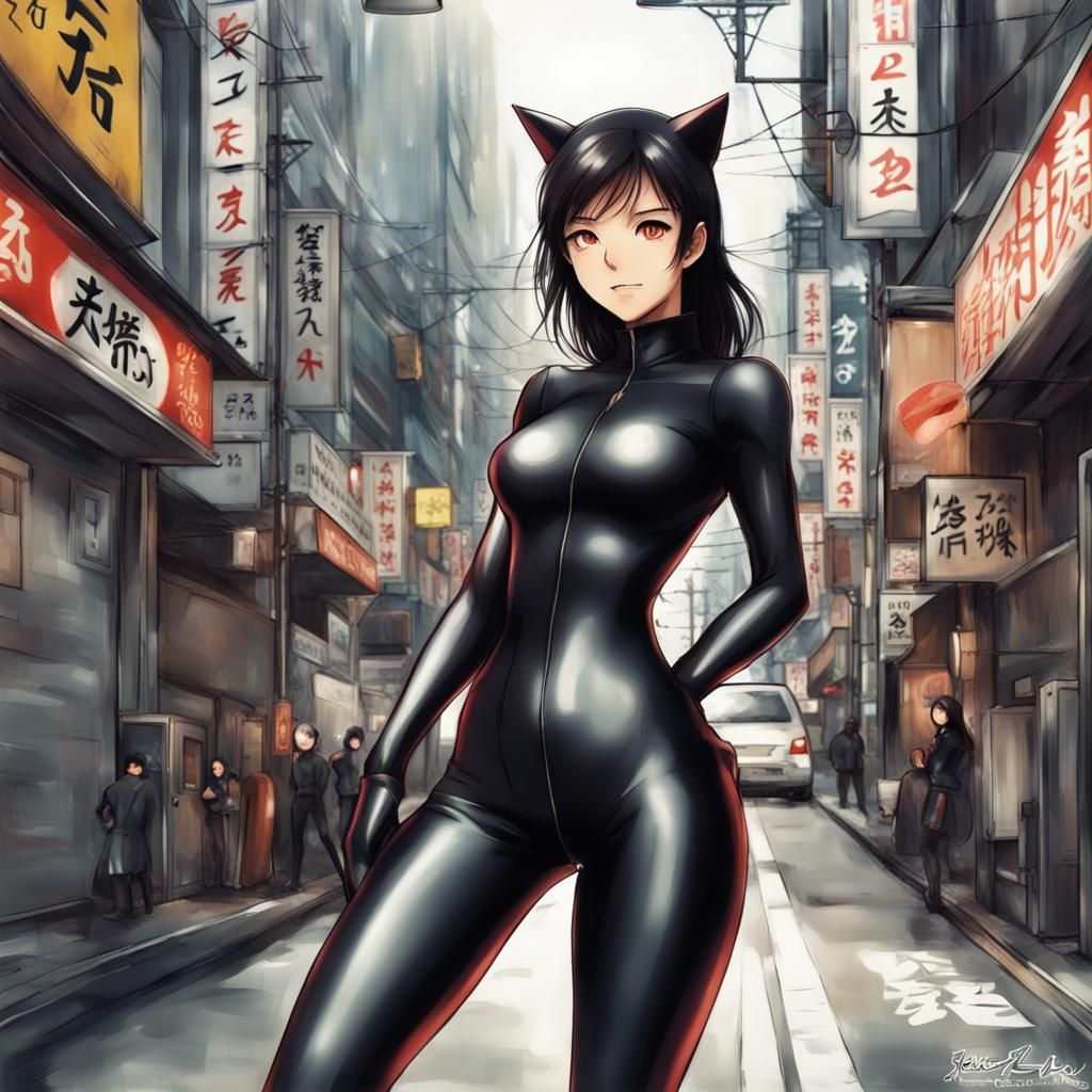 Woman in Spandex Catsuit, Anime-Inspired Art