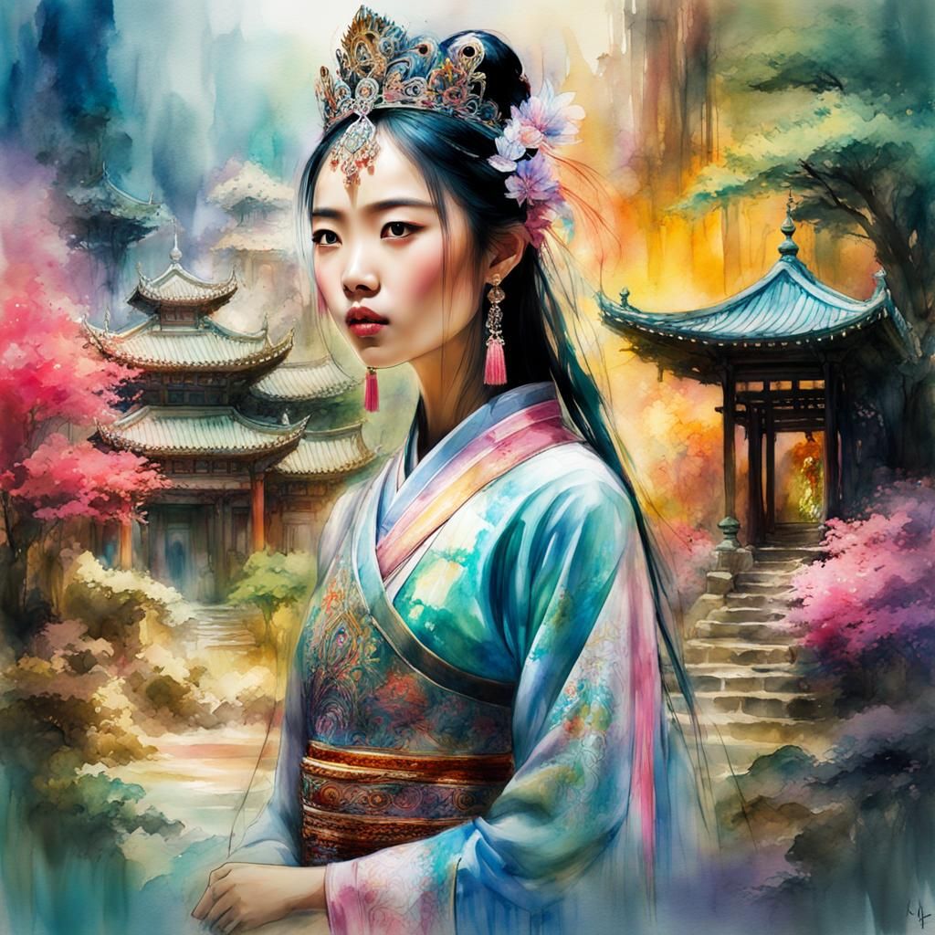 Asian Princess in Wonderland: Digital Watercolor Art