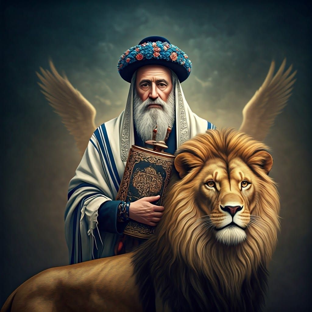 Rebbe on Golden Lion in Surreal Cinematic Style