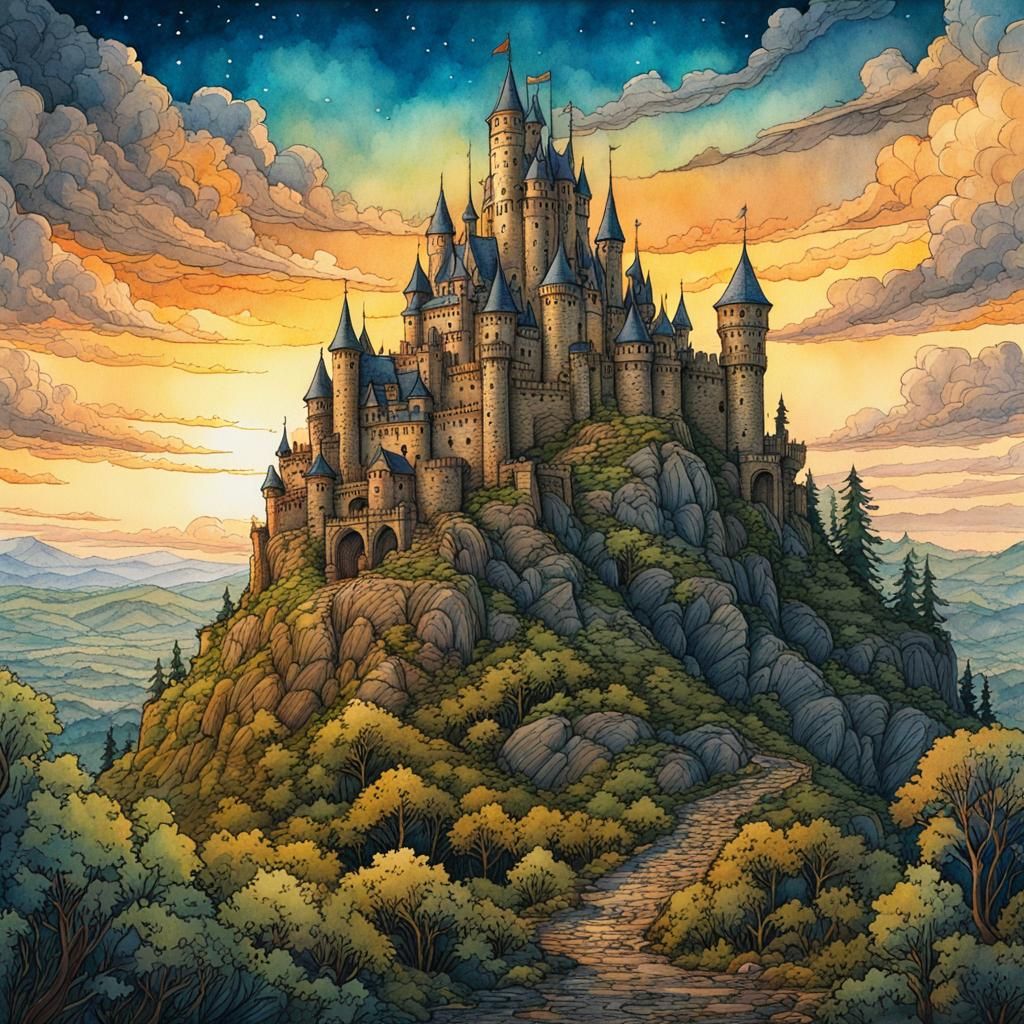 Watercolor Castle on Hill, Ink Painting Style