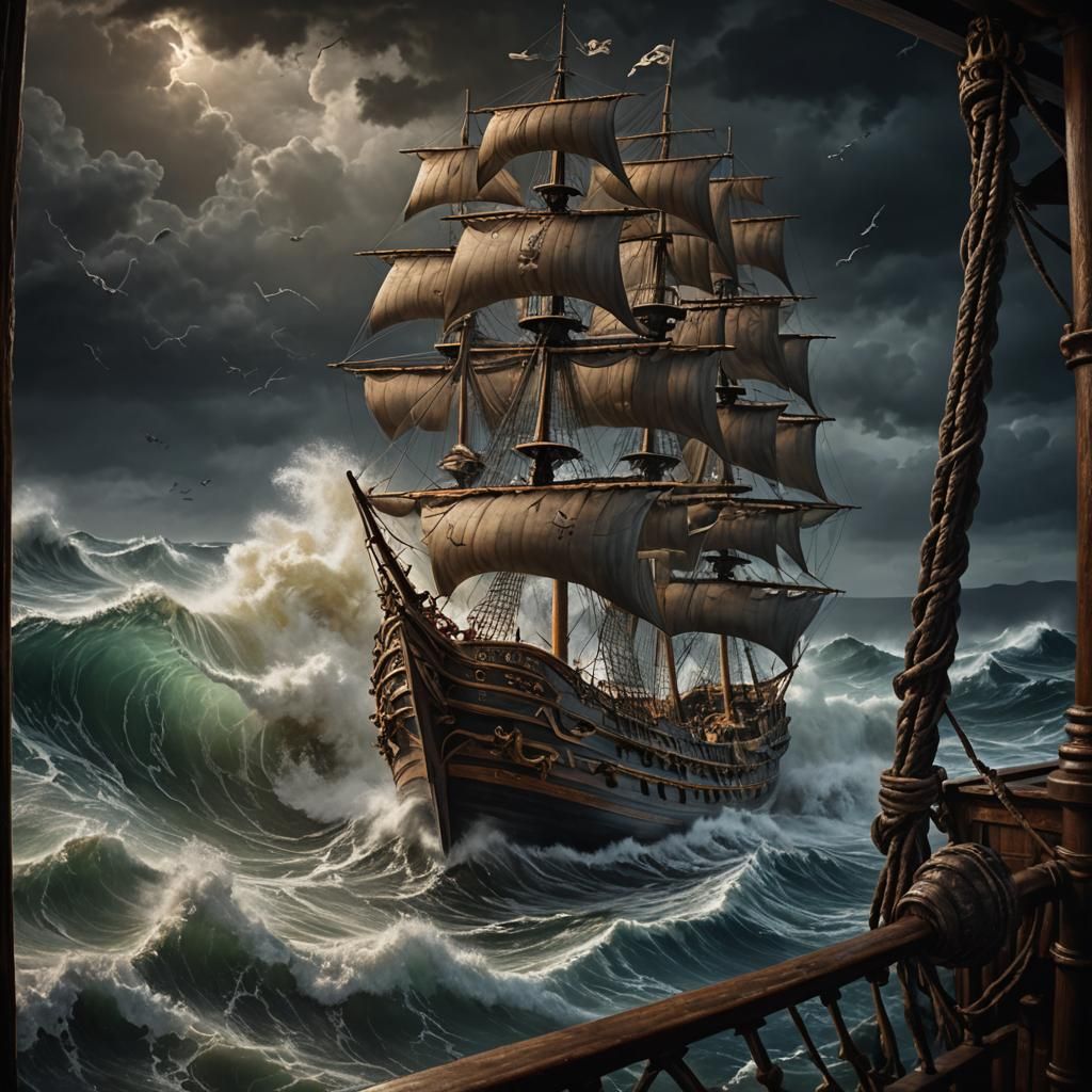 Pirate Ship Escapes Painting in Stormy Seas