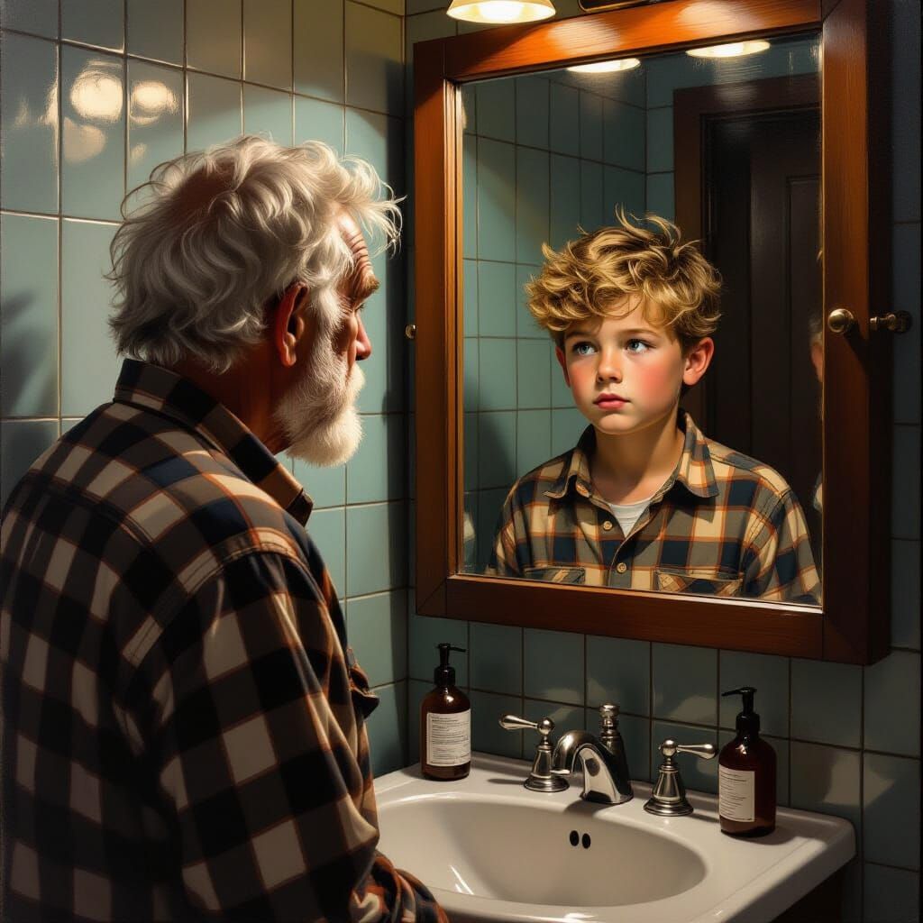 Youthful Reflection: Old Man Sees Boy in Mirror