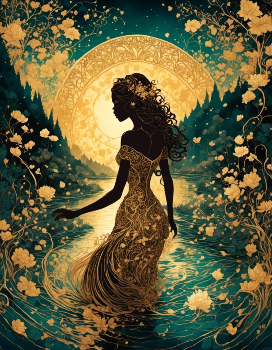 River Goddess Tarot Art with Golden Details